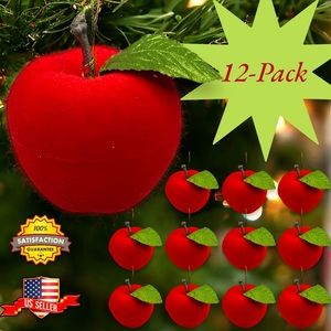 VINTAGE 12-Pack Red Velvet Flocked Christmas Holiday Apples Fruit Ornaments 2.2"